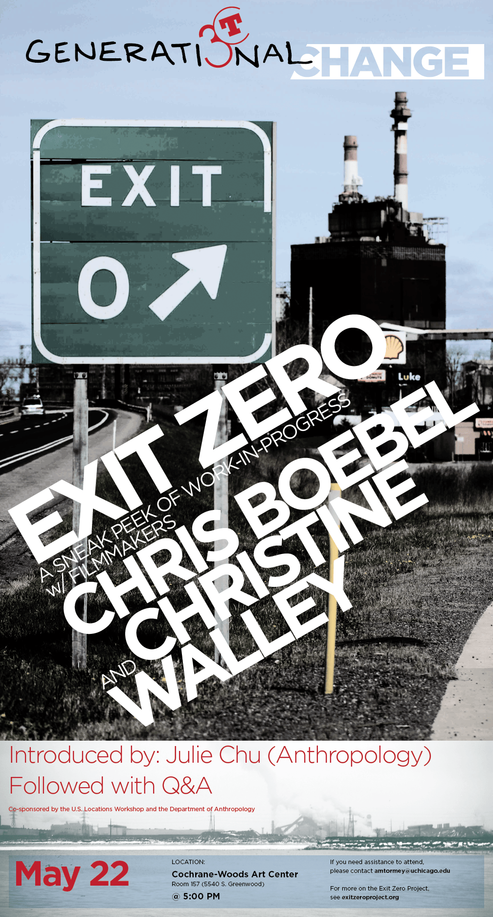 Event poster for Exit Zero symposium with Chris Boebel and Christine Walley at the Cochrane-Woods Art Center