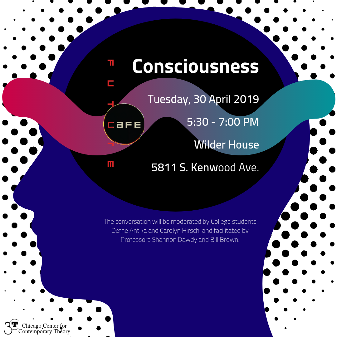 poster for the Future Cafe on Consciousness with a graphic of a human head with a colorful sound or light wave running through it