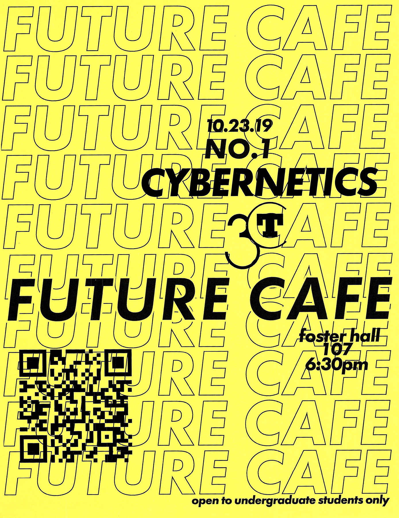 poster for Future Cafe Cybernetics event with black text on yellow