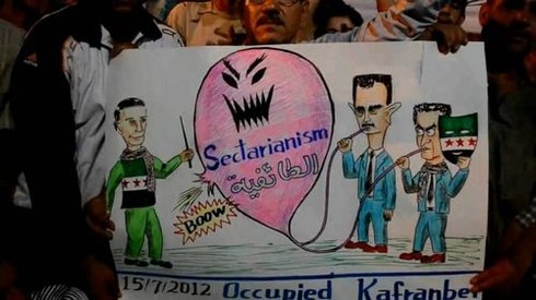 people holding poster with cartoon featuring Syrian leaders