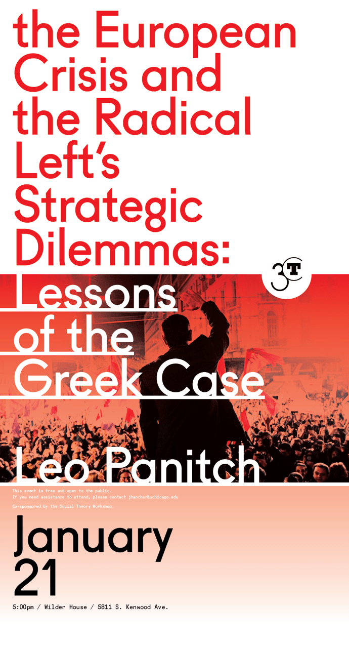 Poster for Leo Panitch event, the European Crisis and the Radical Left's Strategic Dilemmas