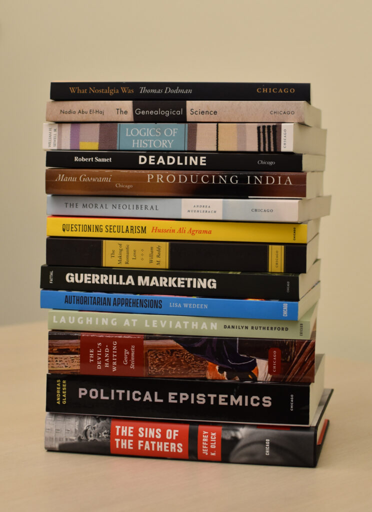 Stack of books in the Chicago Studies in Practices of Meaning series