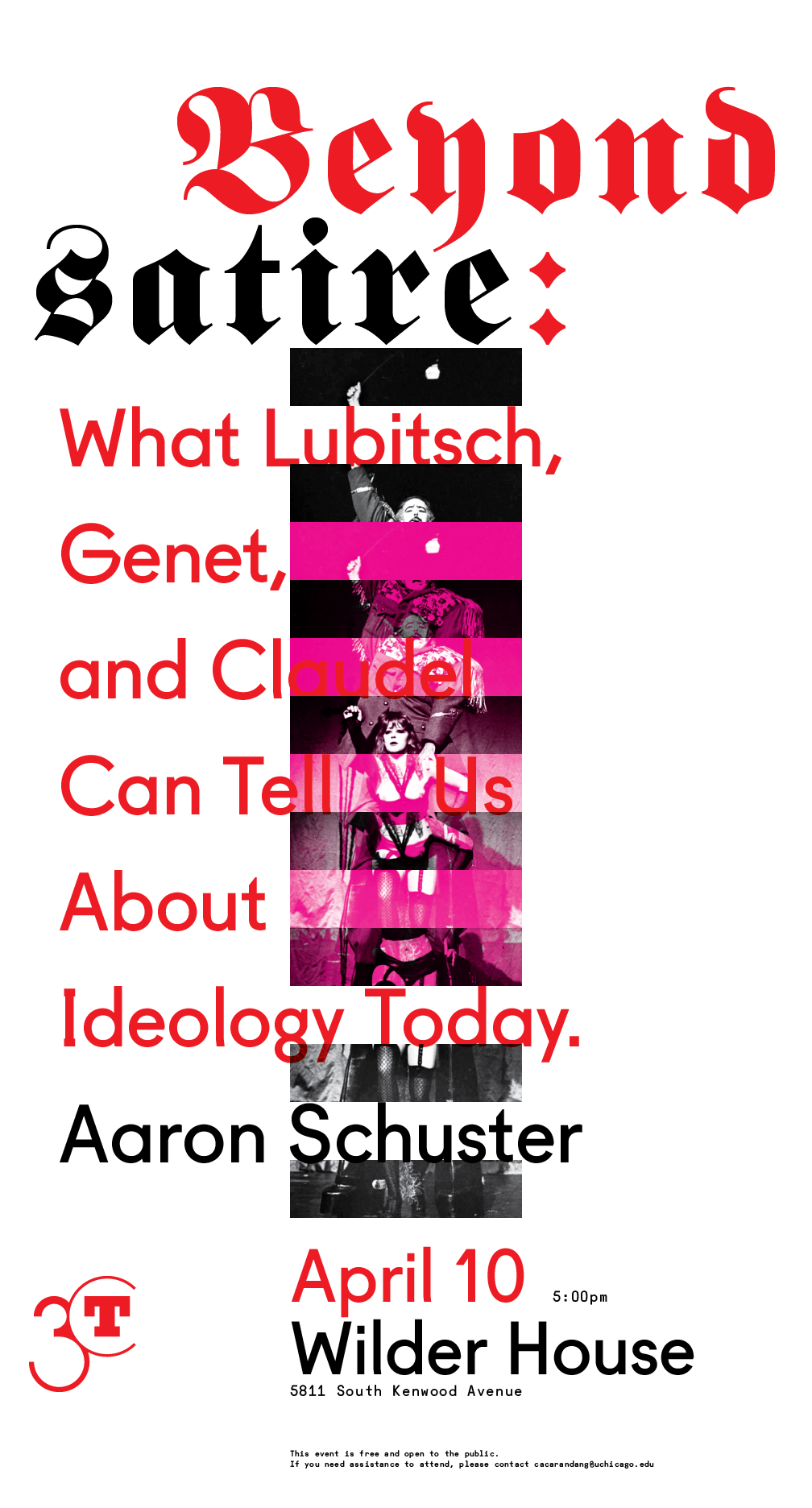 poster for Aaron Schuster, Beyond Satire event at 3CT