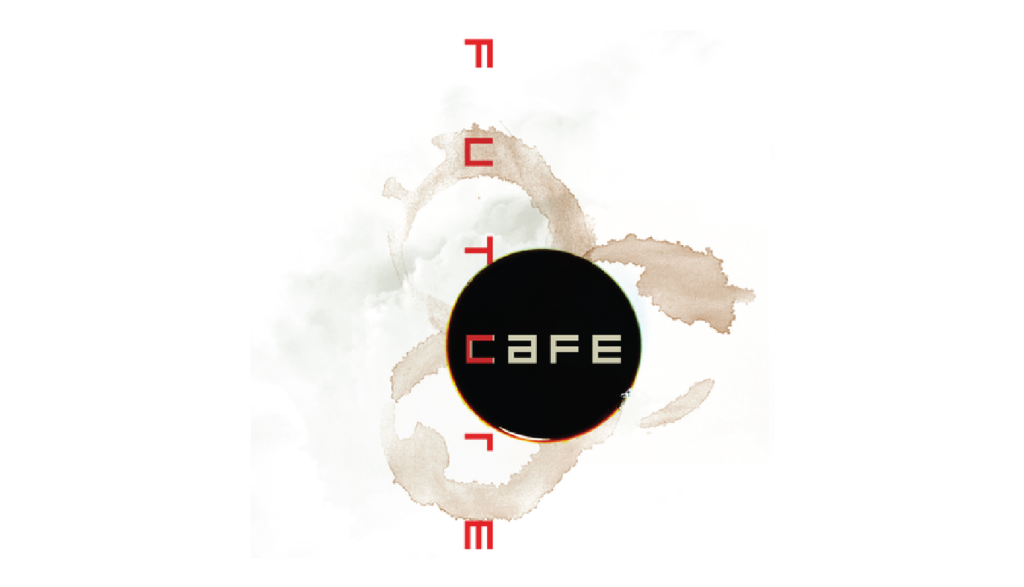 "Future Cafe" stylized text over photo of coffee stains on white paper