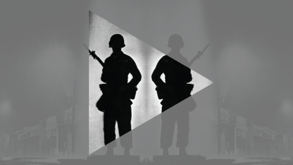 black and white image of silhouetted figures of soldiers with guns with overlaying triangle cutout
