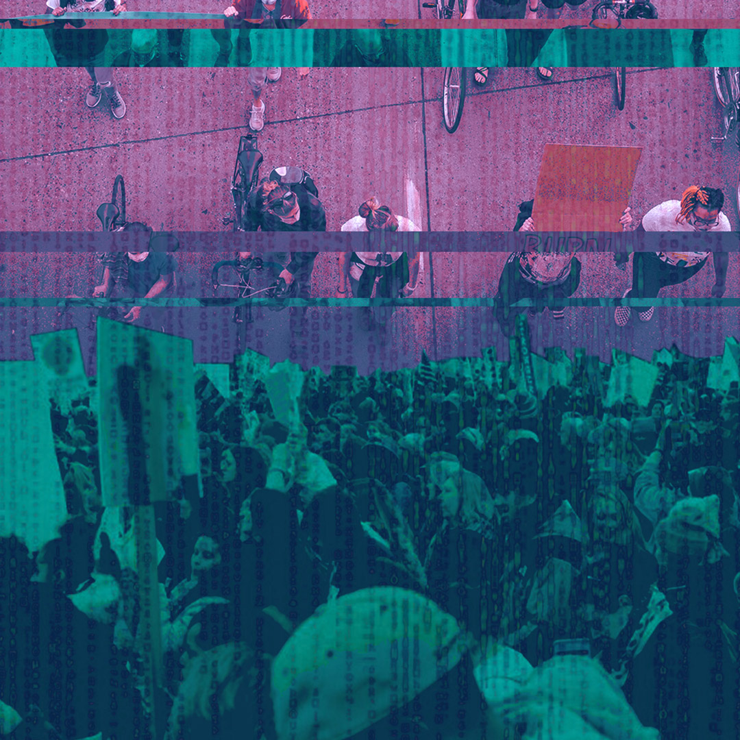 Teal and purple photo illustration of protest images