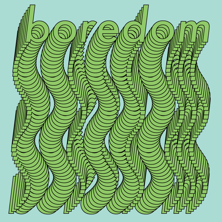 squiggly green word boredom on light blue background