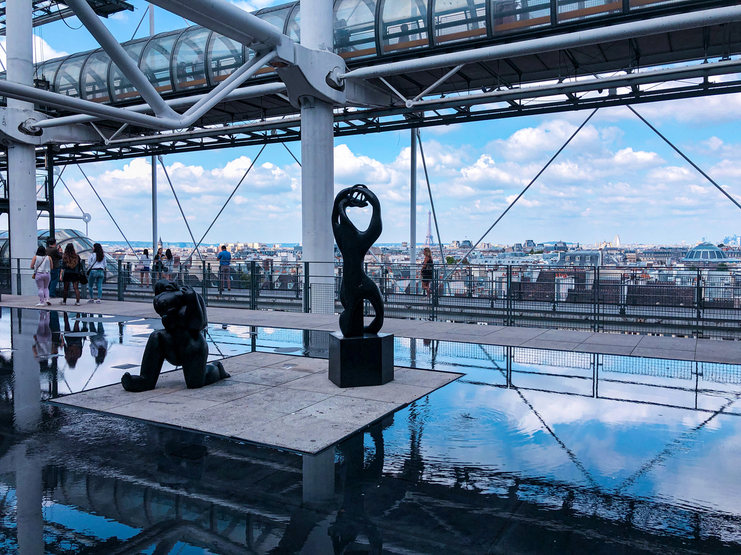 view from the top of the Centre Pompidou in Paris; with sculptures, reflecting pool, passersby, and skyline