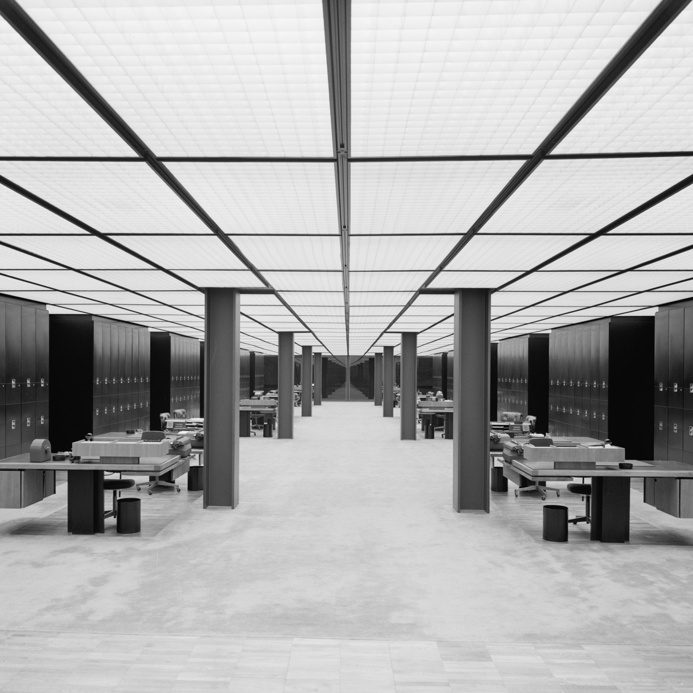black and white image of large empty office space