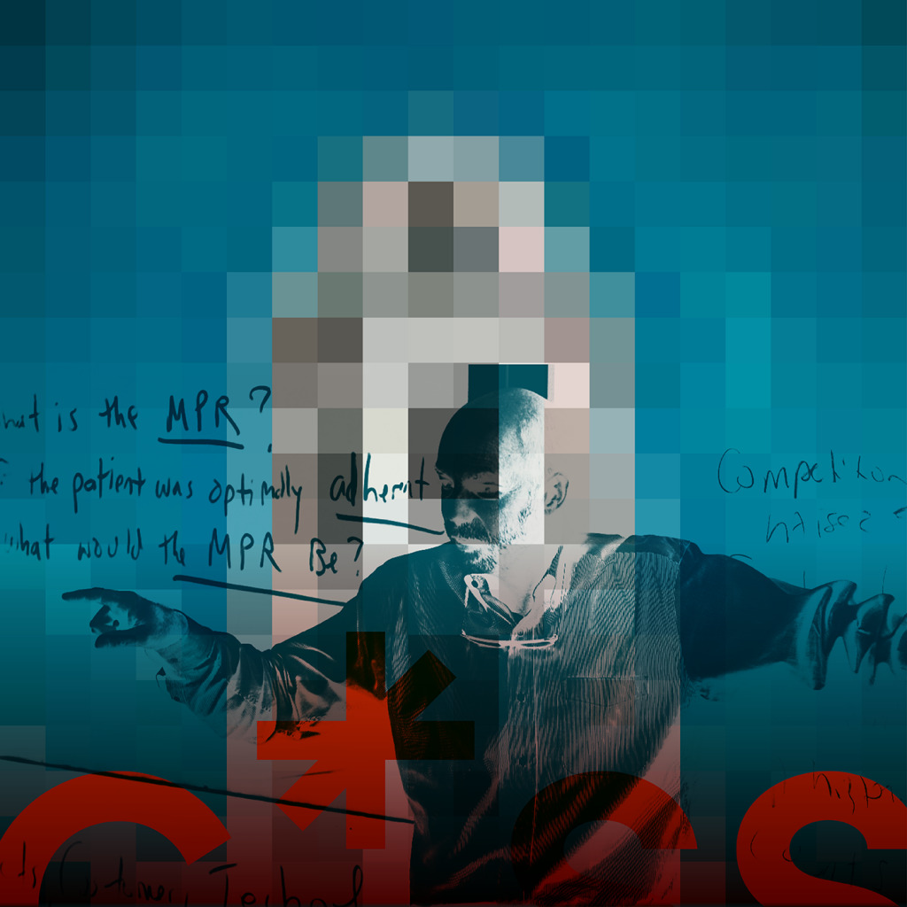 pixelated graphic of a person standing in front of a board with writing