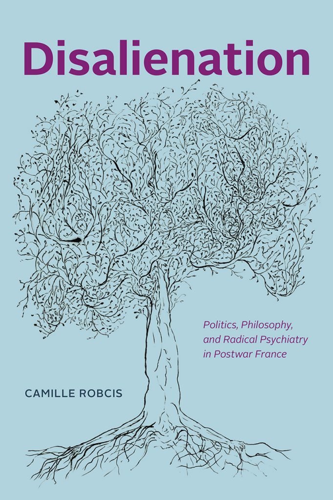 book cover for Disalienation, showing a line drawing of a tree with purple text of the book title and author on a light blue background