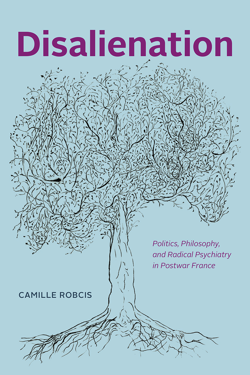 book cover for Disalienation, showing a line drawing of a tree with purple text of the book title and author on a light blue background