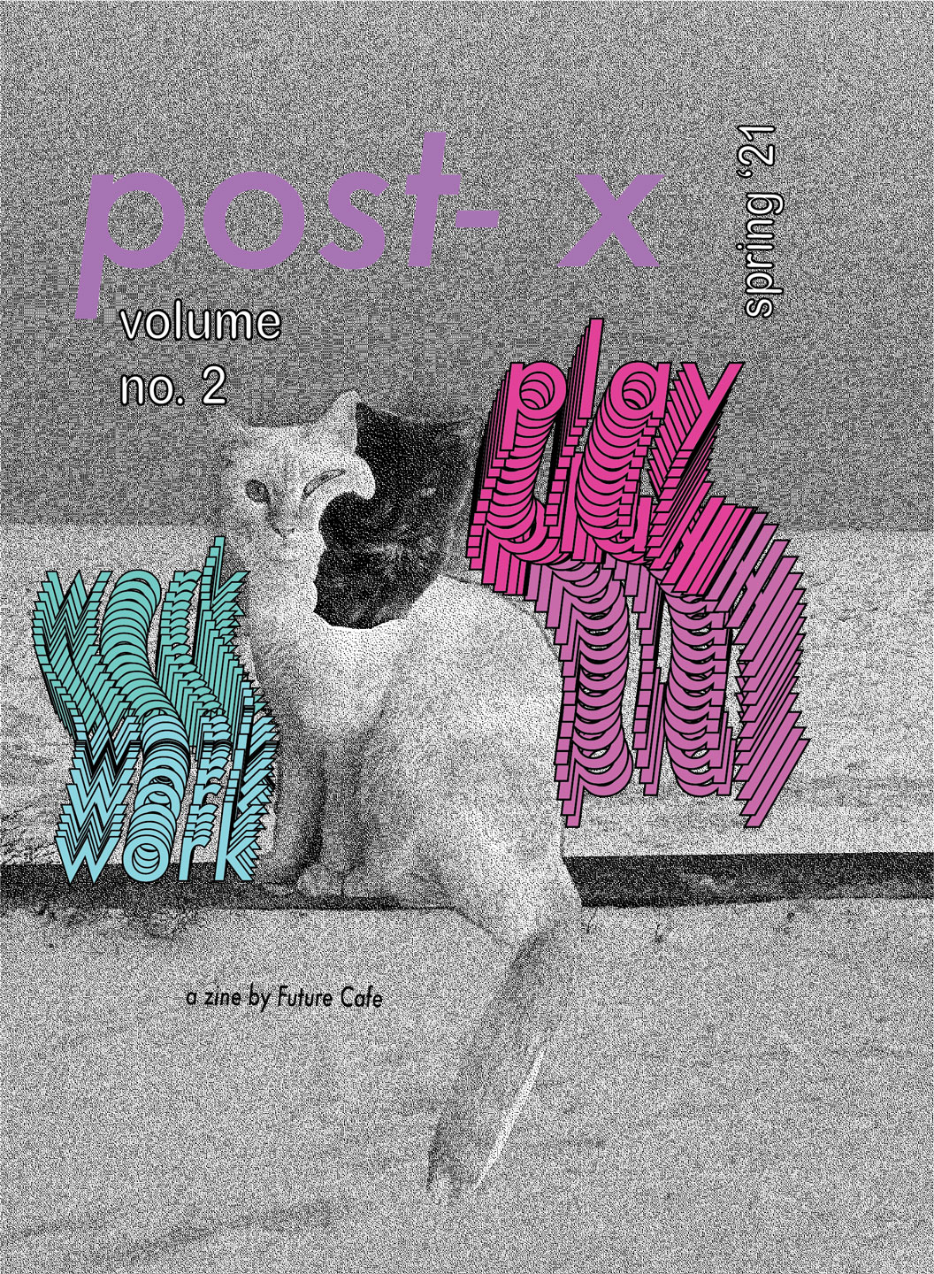 Cover of Future Cafe Post-X Zine issue 2, showing a white cat sitting on a shelf surrounded by stylized text reading 