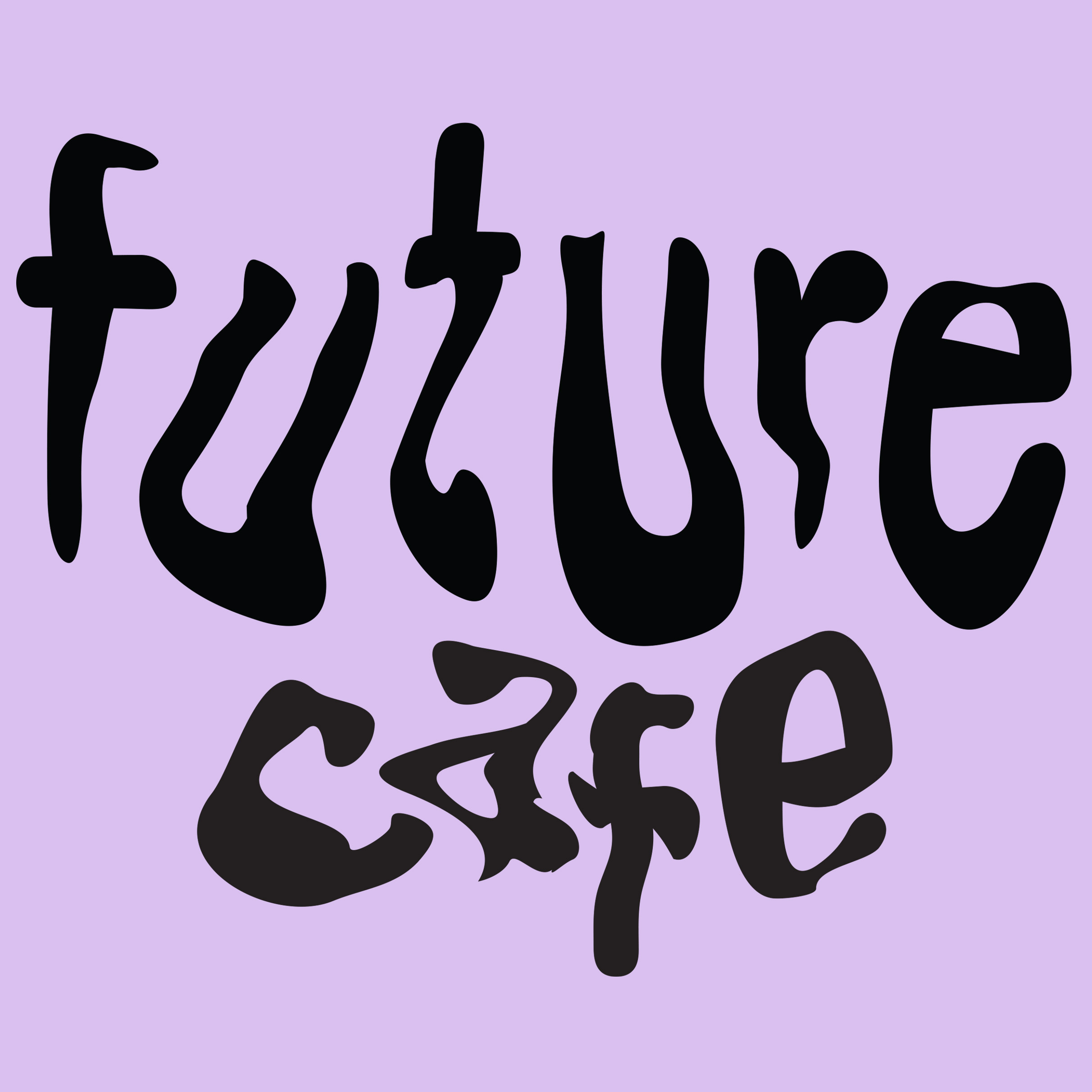 The words Future Cafe in wavy black text on a lavender background