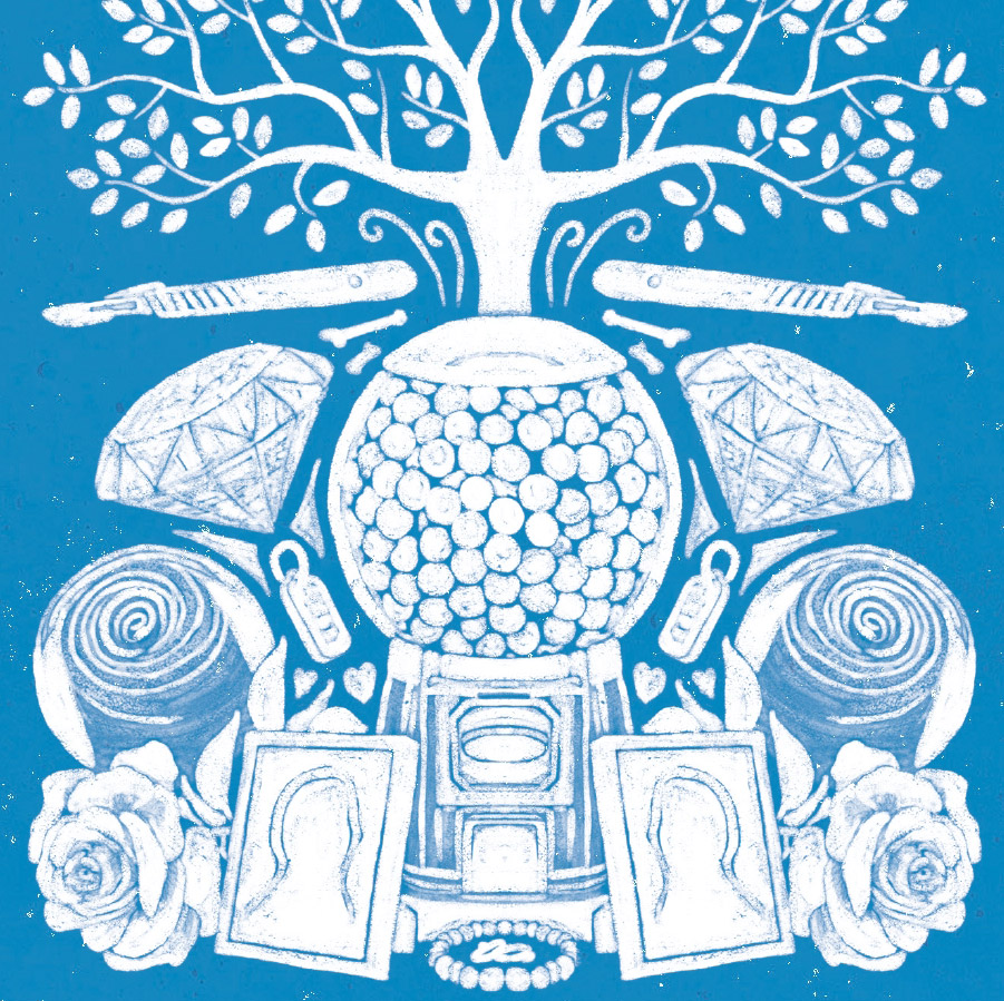 illustration of tree and objects in white on blue background