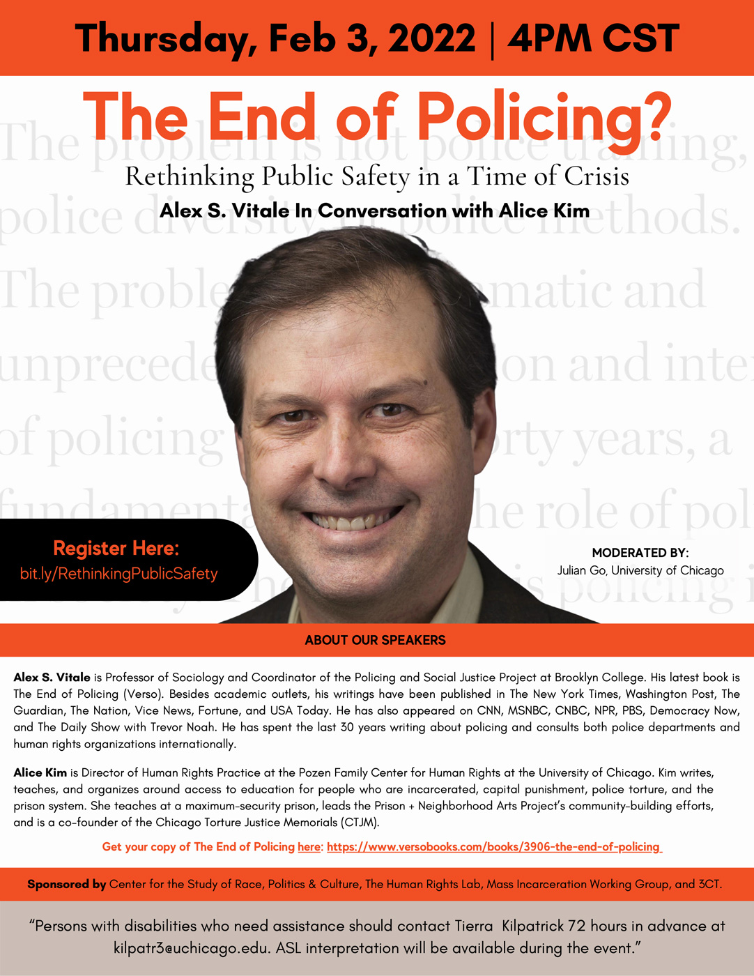 Flyer featuring event information, speaker biographies, and a portrait of Alex S. Vitale