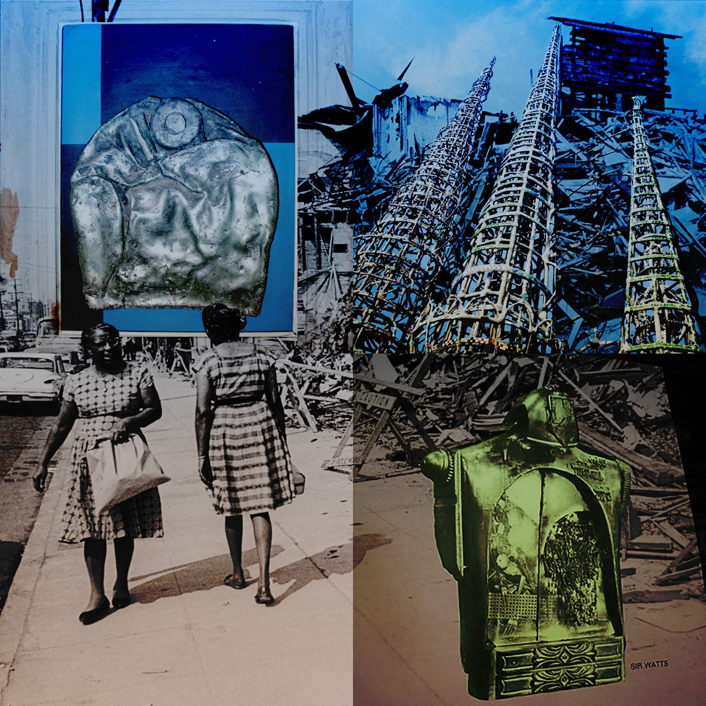 collaged image of two people wearing dresses walking down the street, along with three sculptural artworks
