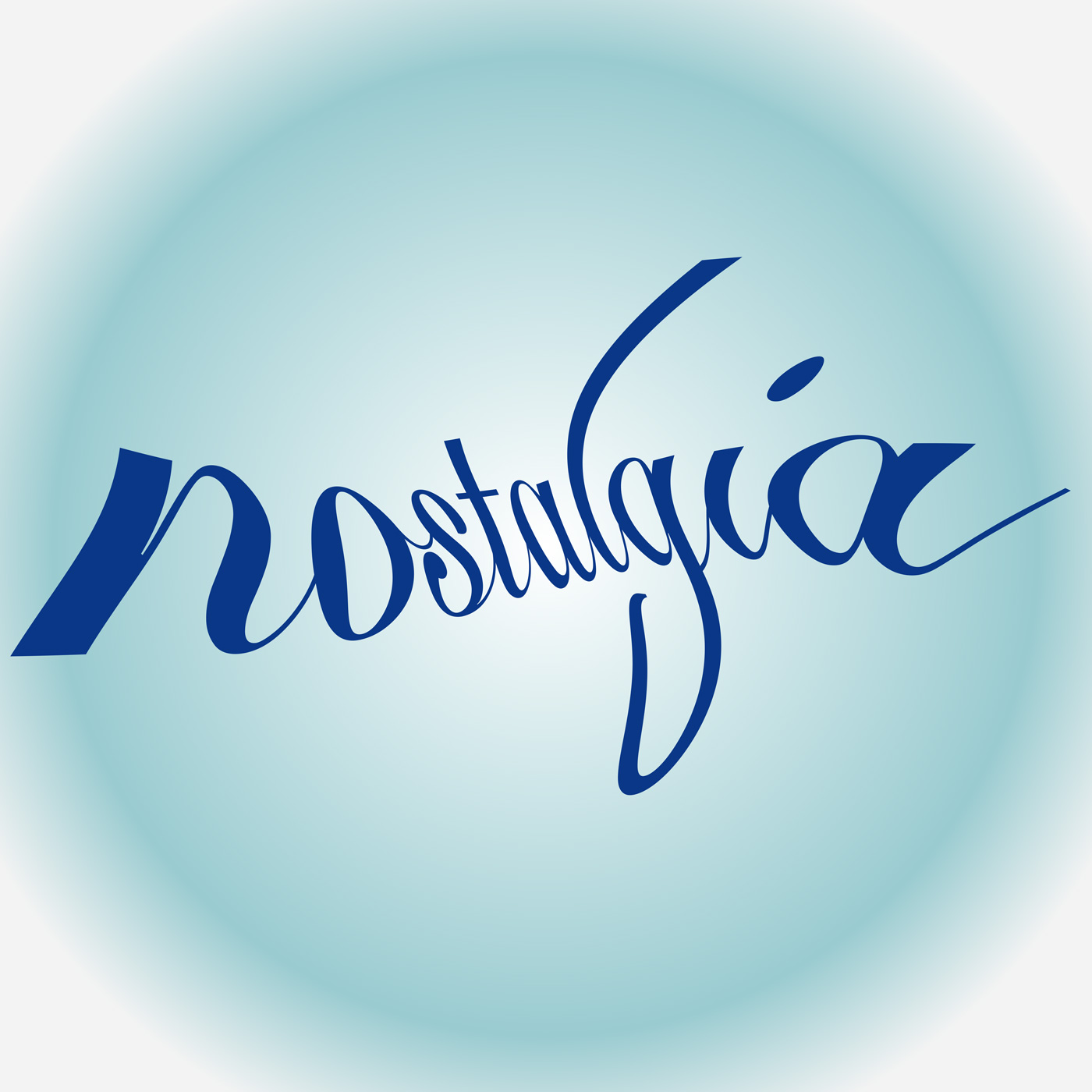the word nostalgia in twisted blue script against a soft-focus light blue circle