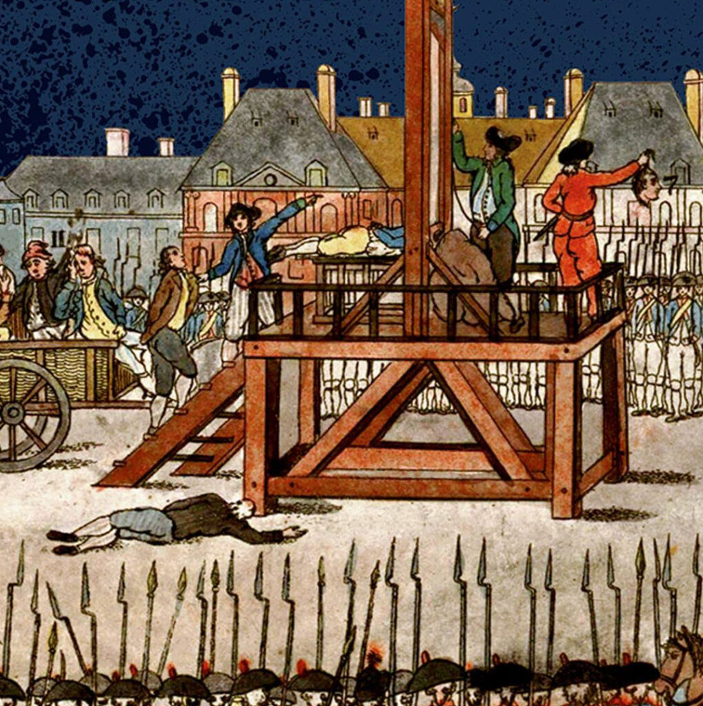 illustration of crowd surrounding a guillotine