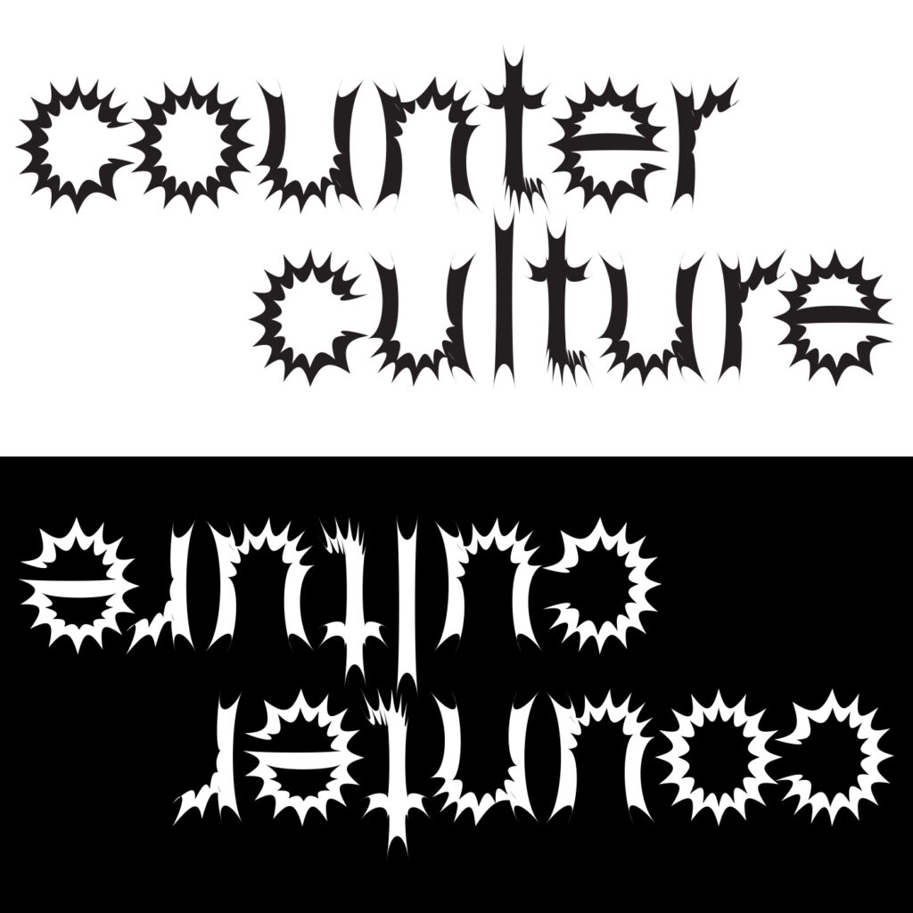 the word counterculture in spiky font in white on black and black on white