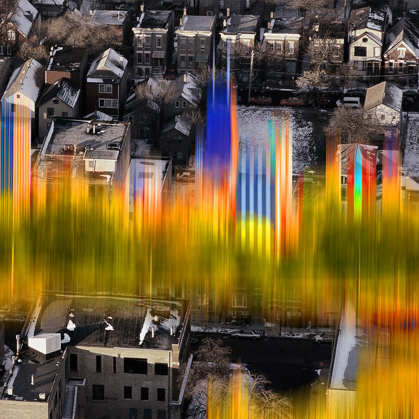 An aerial view photograph of an urban neighborhood, with streaks of yellow, blue, orange, red blurring the center of the photo. In white font on the photograph, ‘psychopolitics and the everyday’.