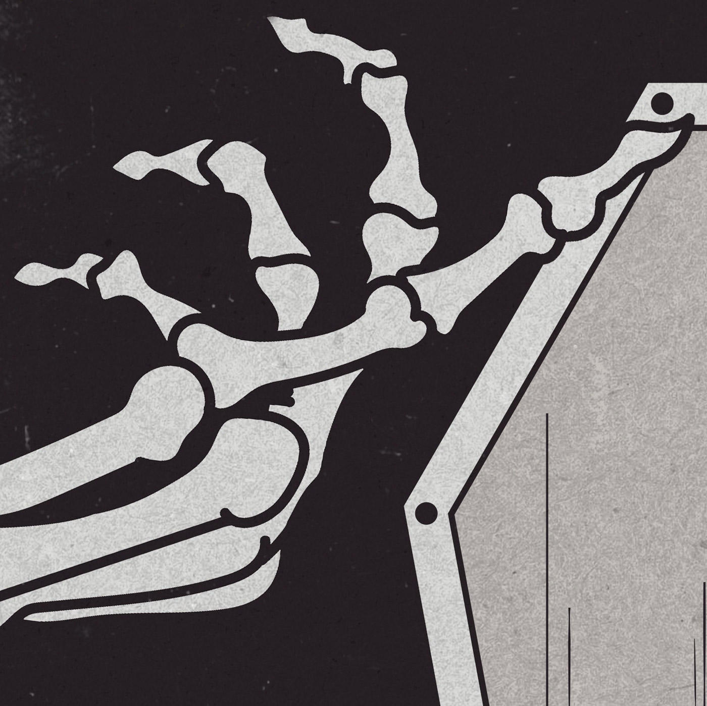 gray and black illustration of a skeleton hand pointing toward the edge of a coffin