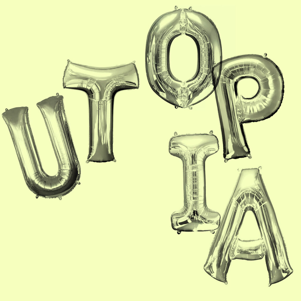 the word "utopia" spelled in balloon letters against a pale yellow background