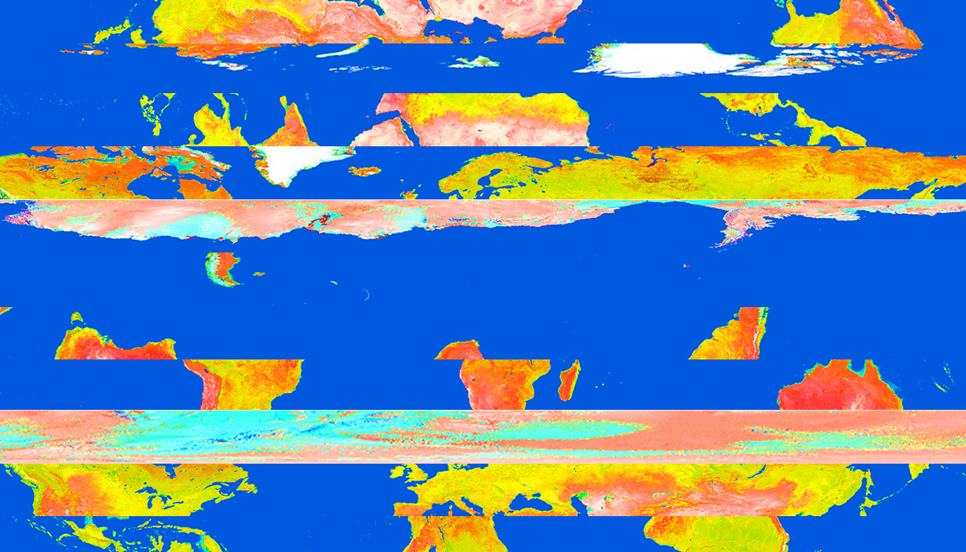 Brightly colored graphic featuring mixed up segments of a world map