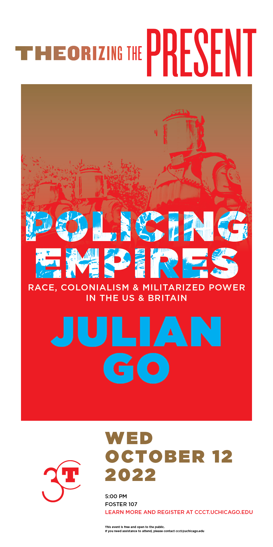 Poster for Policing Empires by Julian Go. Blue and white text over a red monochrome image of police in riot gear.
