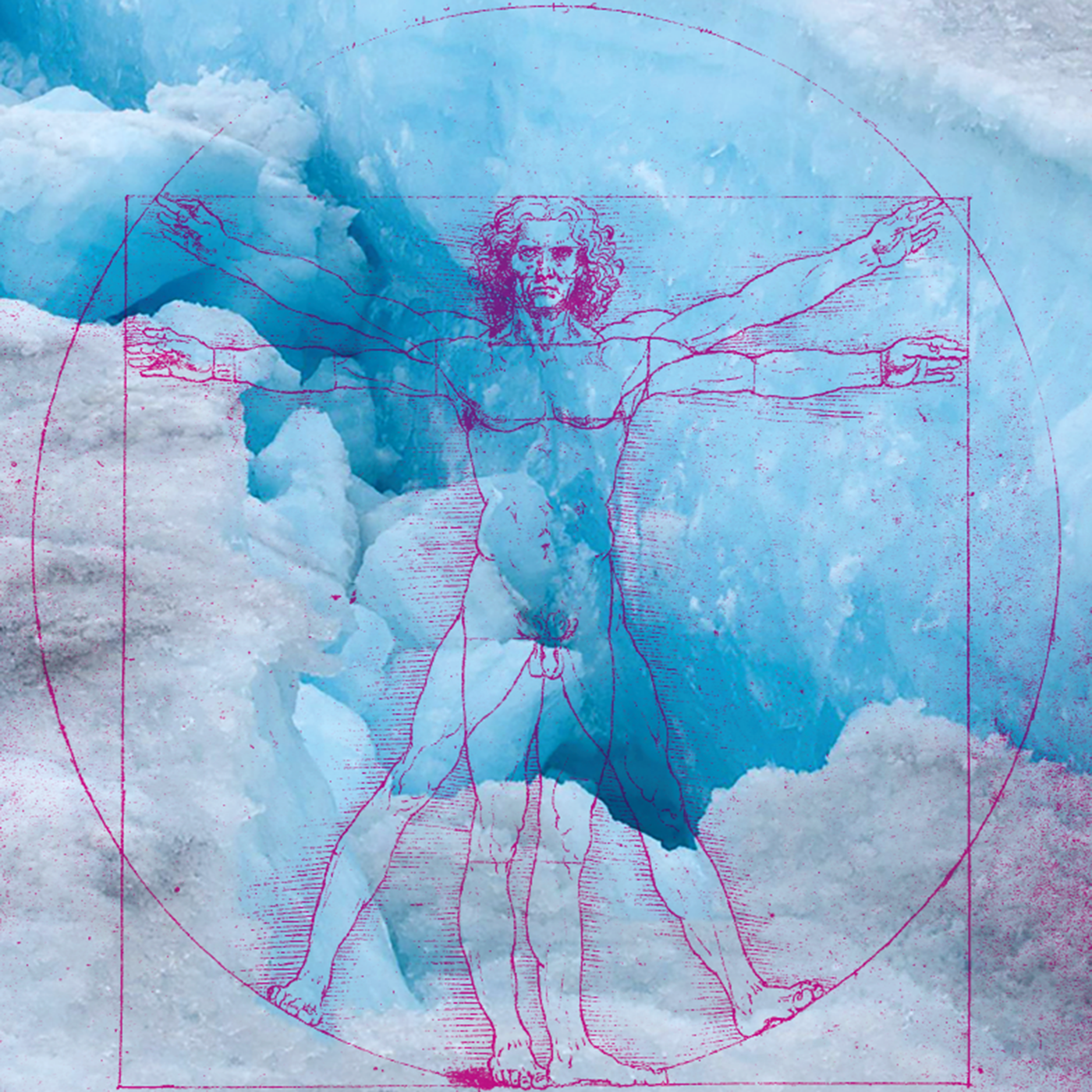 Leonardo da Vinci's Vitruvian Man overlaid on a photo of a glacier.