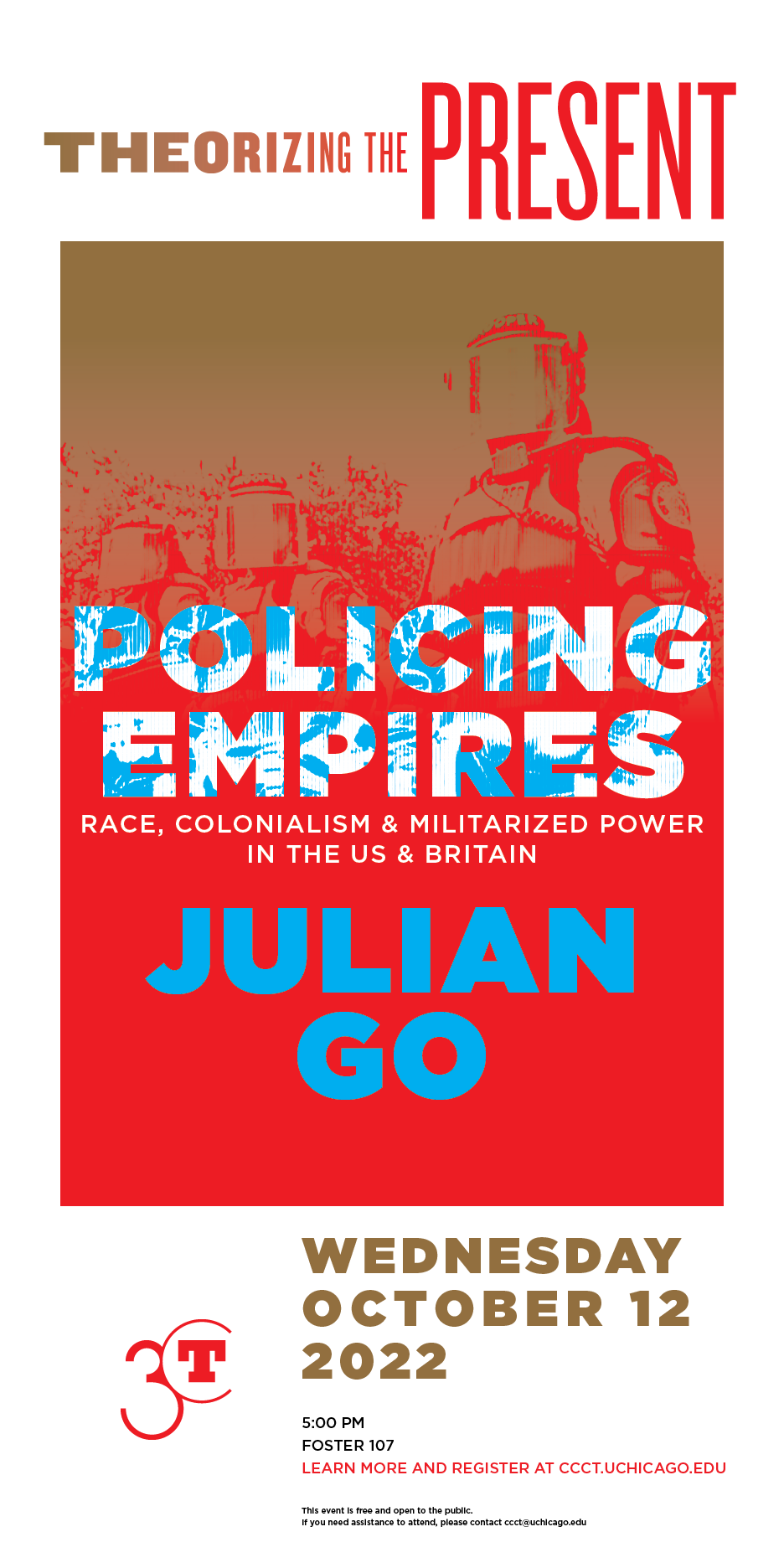 Poster for Policing Empires by Julian Go. Blue and white text over a red monochrome image of police in riot gear.