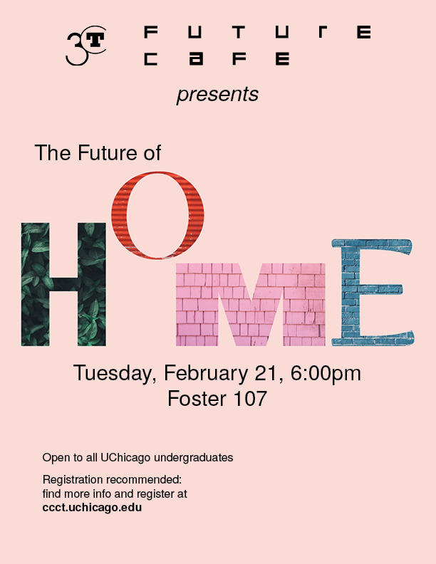 Event poster with black text and the letters in the word HOME in various colors and textures on a pale pink backround