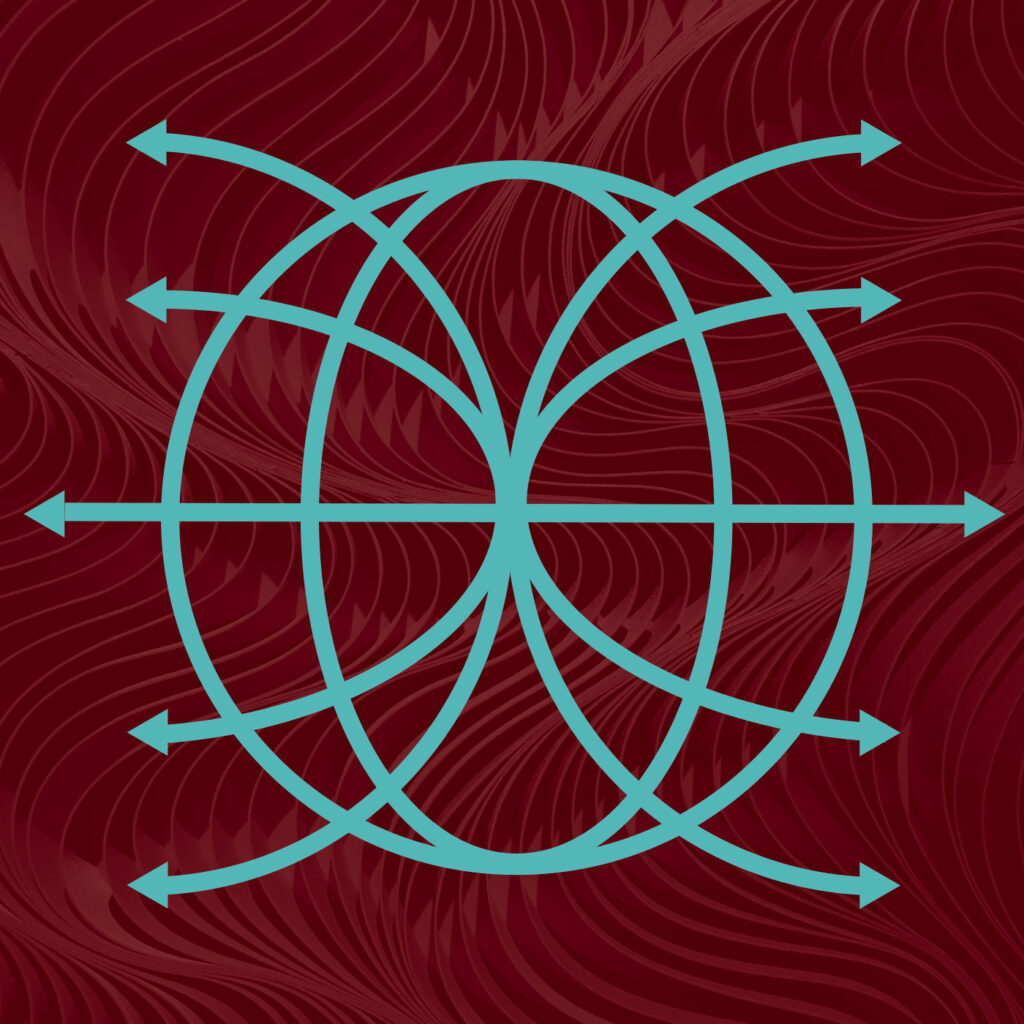 Graphic of blue curved lines with arrows against a swirly red background