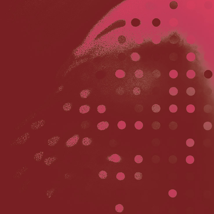 Red and pink grainy color wash overlaid with a grid of dots