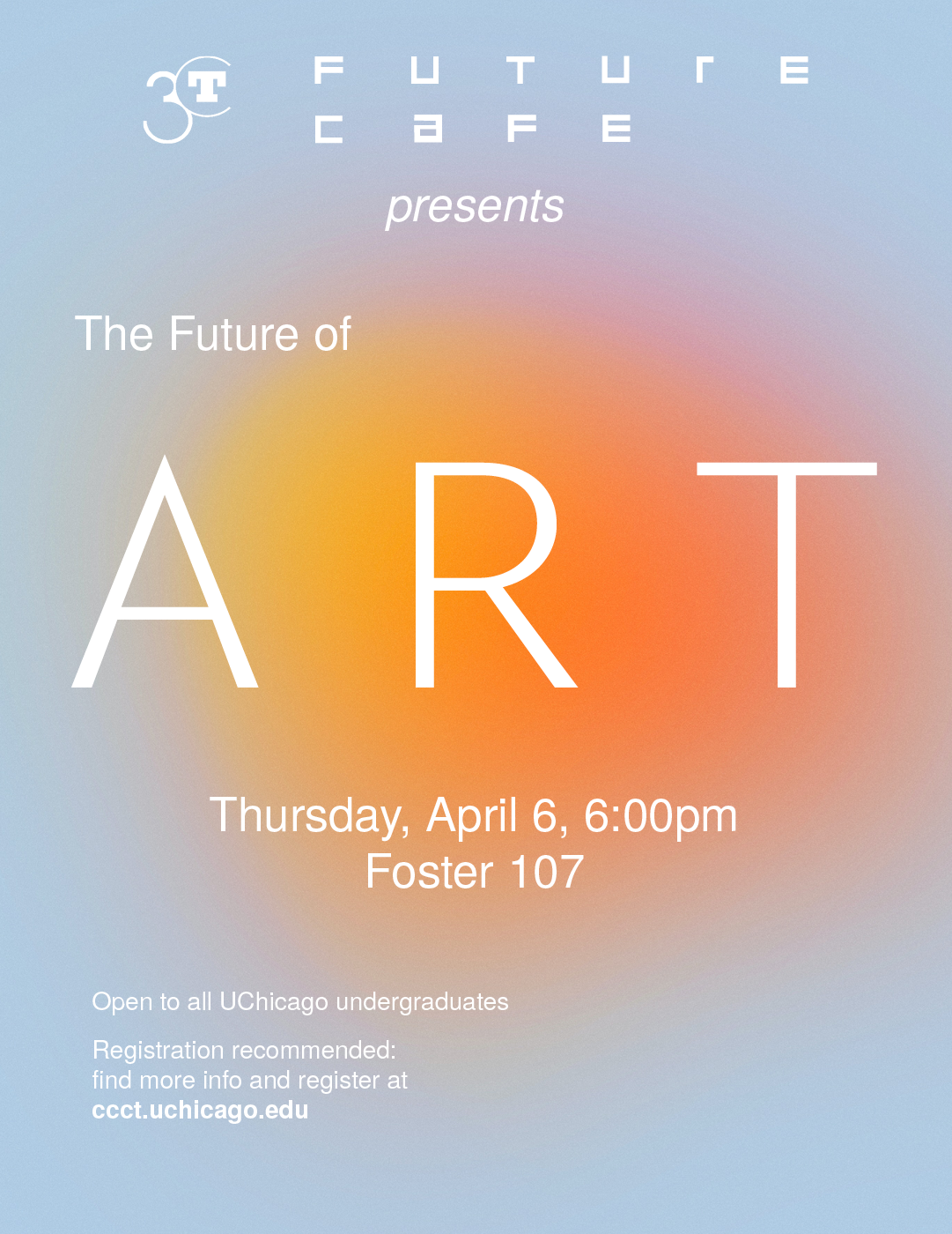 event poster with white text against blurry yellow-orange circle and a pale blue background