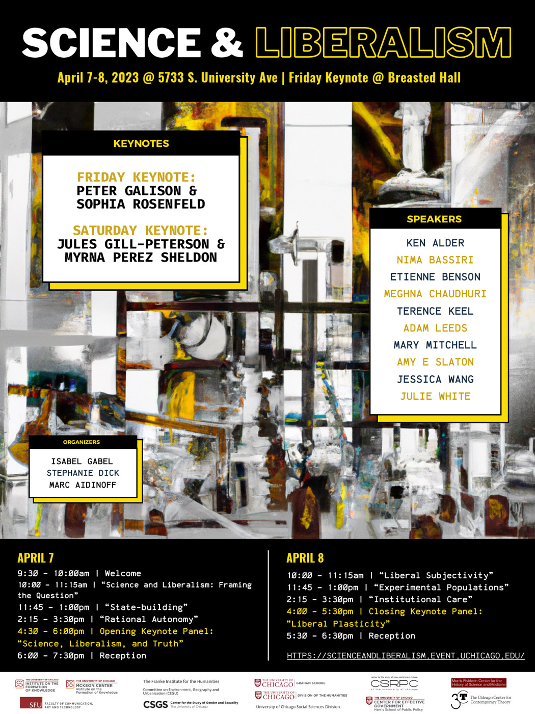 event flyer with black, yellow, and white text over a multicolored abstract background