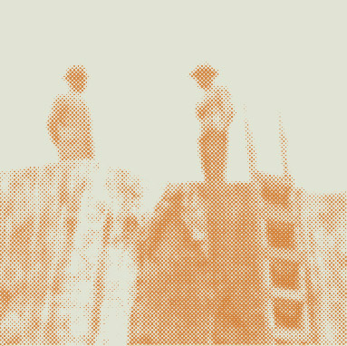 grainy yellow and orange photograph of two figures standing on the stump of a large tree