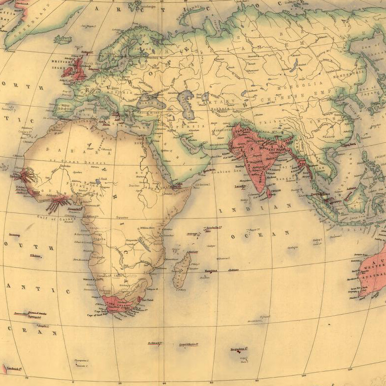 Antique world map showing Africa, Europe, and Asia