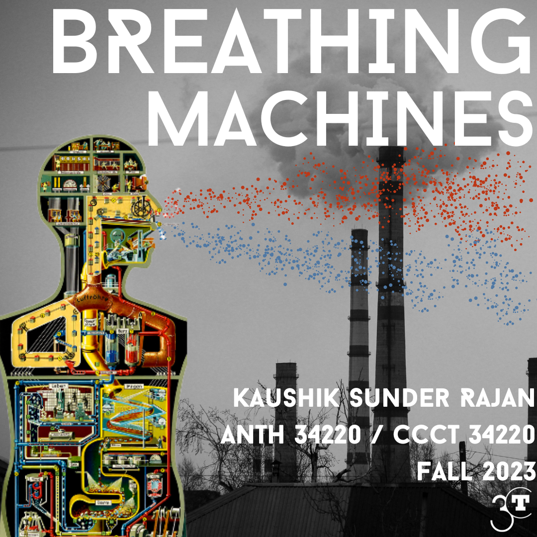 Illustration of human anatomy with interior mechanical pipes and particles being inhaled and exhaled. Smokestacks in the background. Text that reads 
