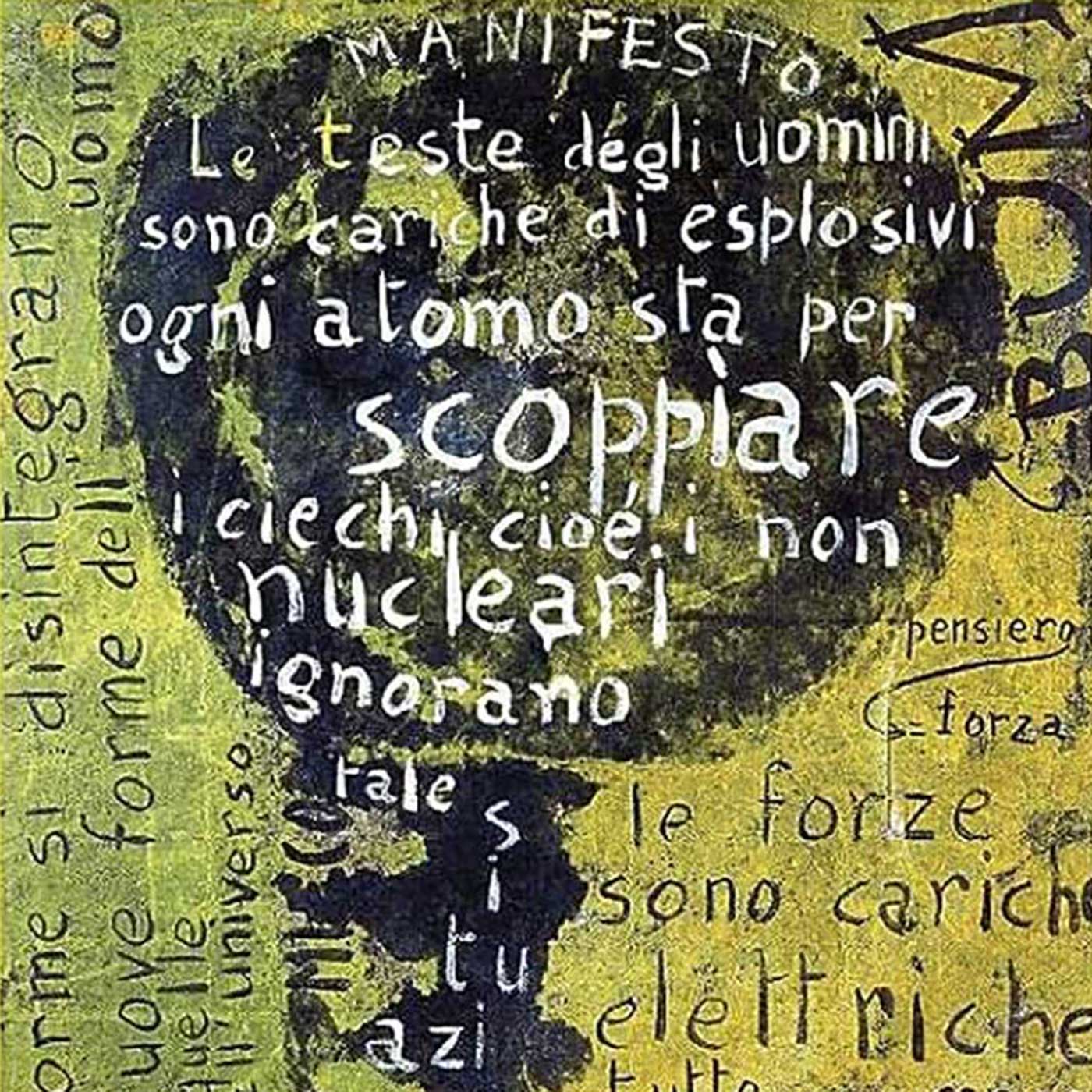 Painting of a mushroom cloud shape with Italian words on top