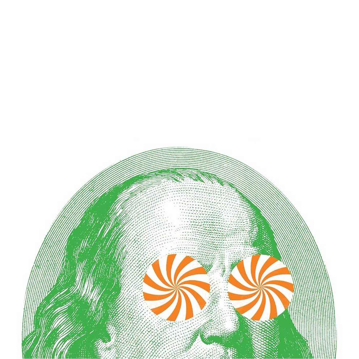 top part of Benjamin Franklin's head with swirl shapes over his eyes