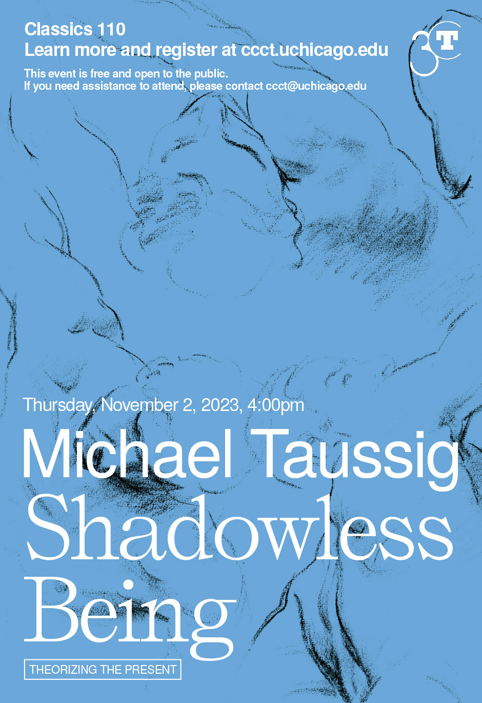 Event poster with white text over a blue background with black sketches of human figures