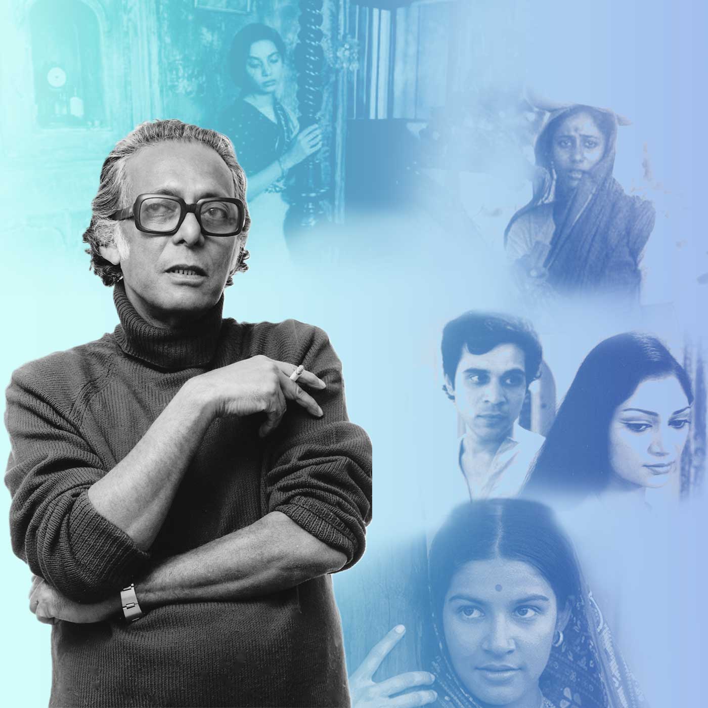 Photo of Mrinal Sen. Stills from films Bhuvan Shome (1969), Padatik (1973), Akaler Sandhane (1980), and Khandahar (1984)