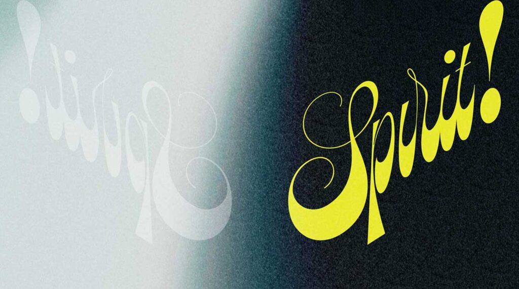 Yellow text that reads "Spirit!" over black background. Mirror image of text over white background.