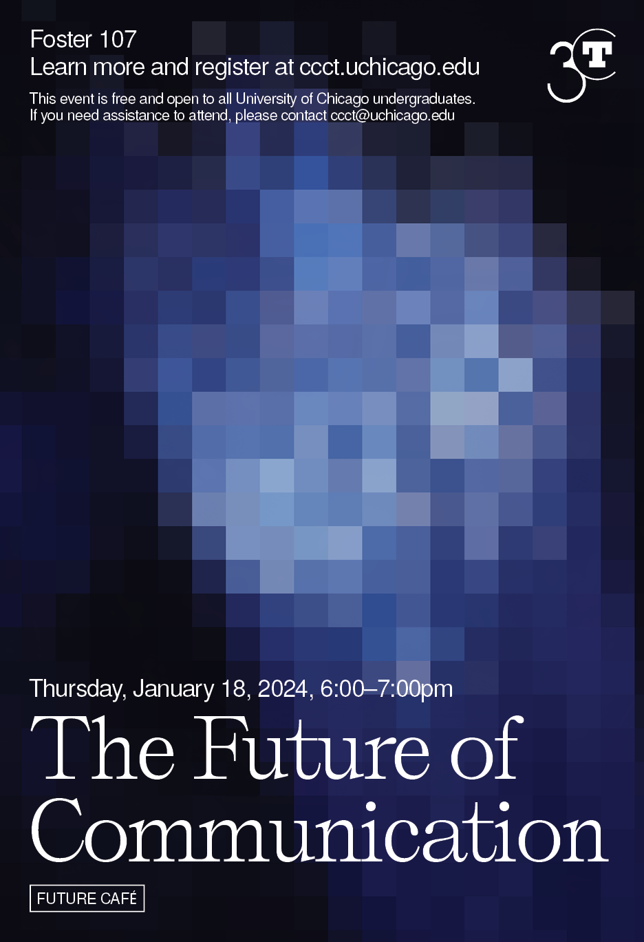 Event poster featuring white text over a pixelated white and blue background