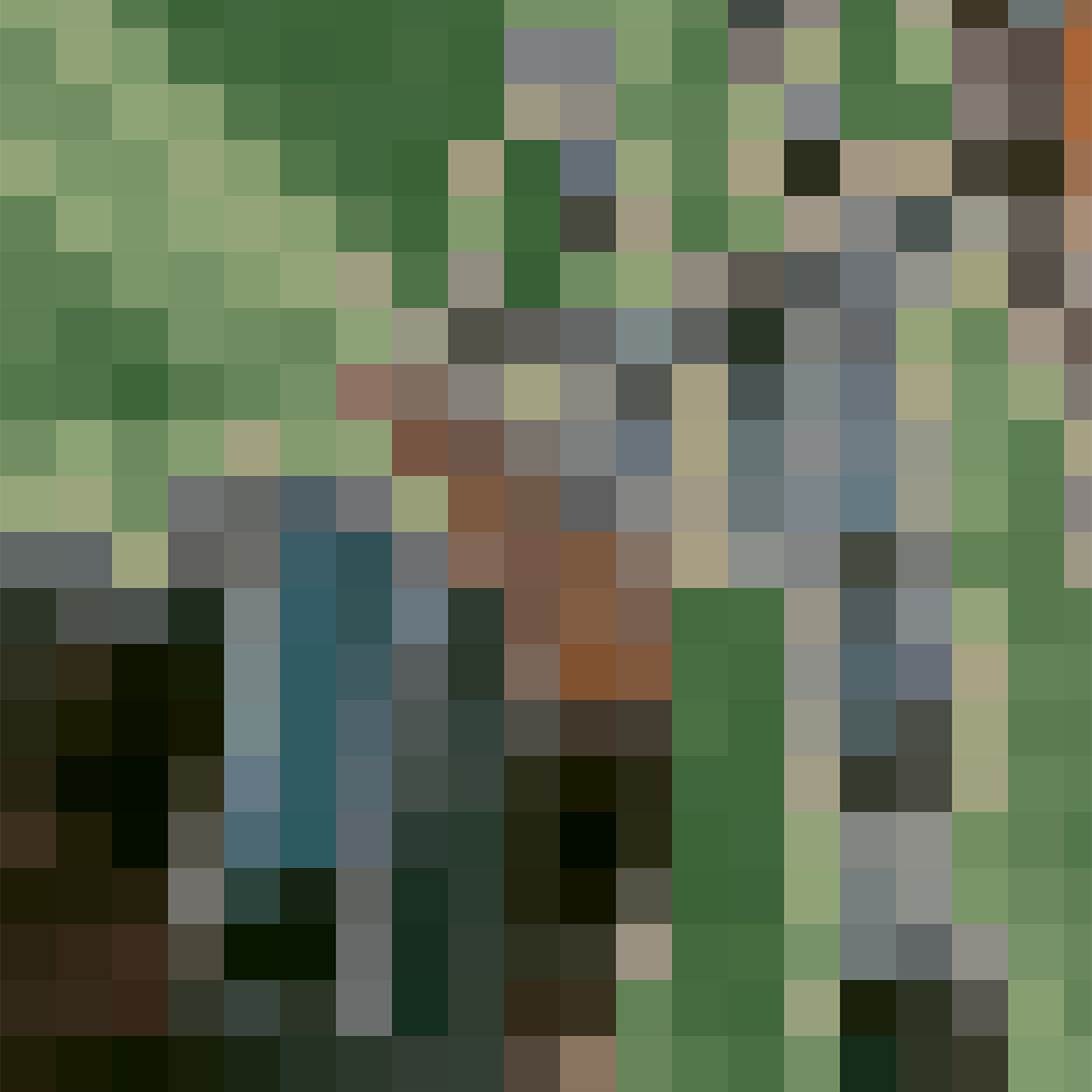 Highly pixelated image with green, brown, blue, gray, and black.