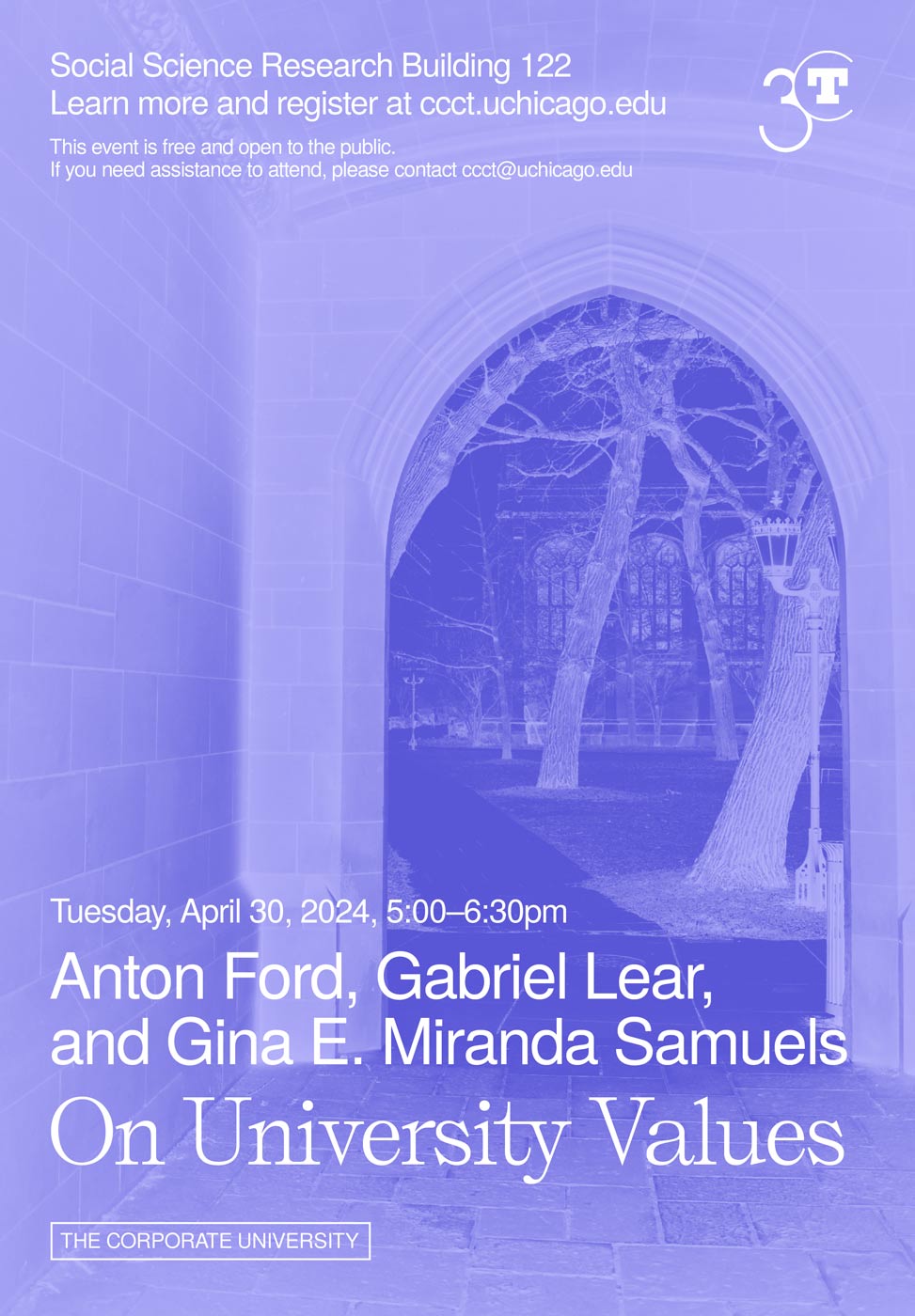 poster with purple-toned image of an arch with trees and a path beyond it overlaid with white text