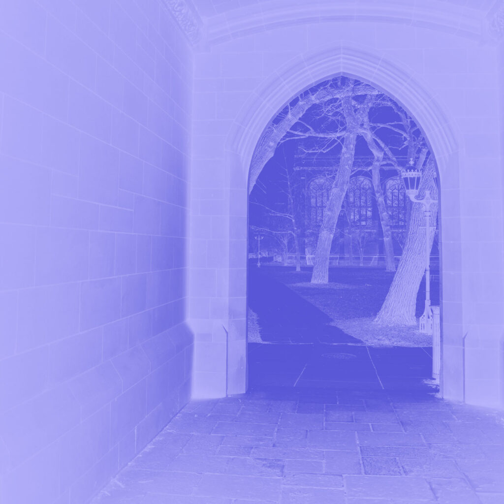 purple-toned image of an arch with trees and a path beyond it