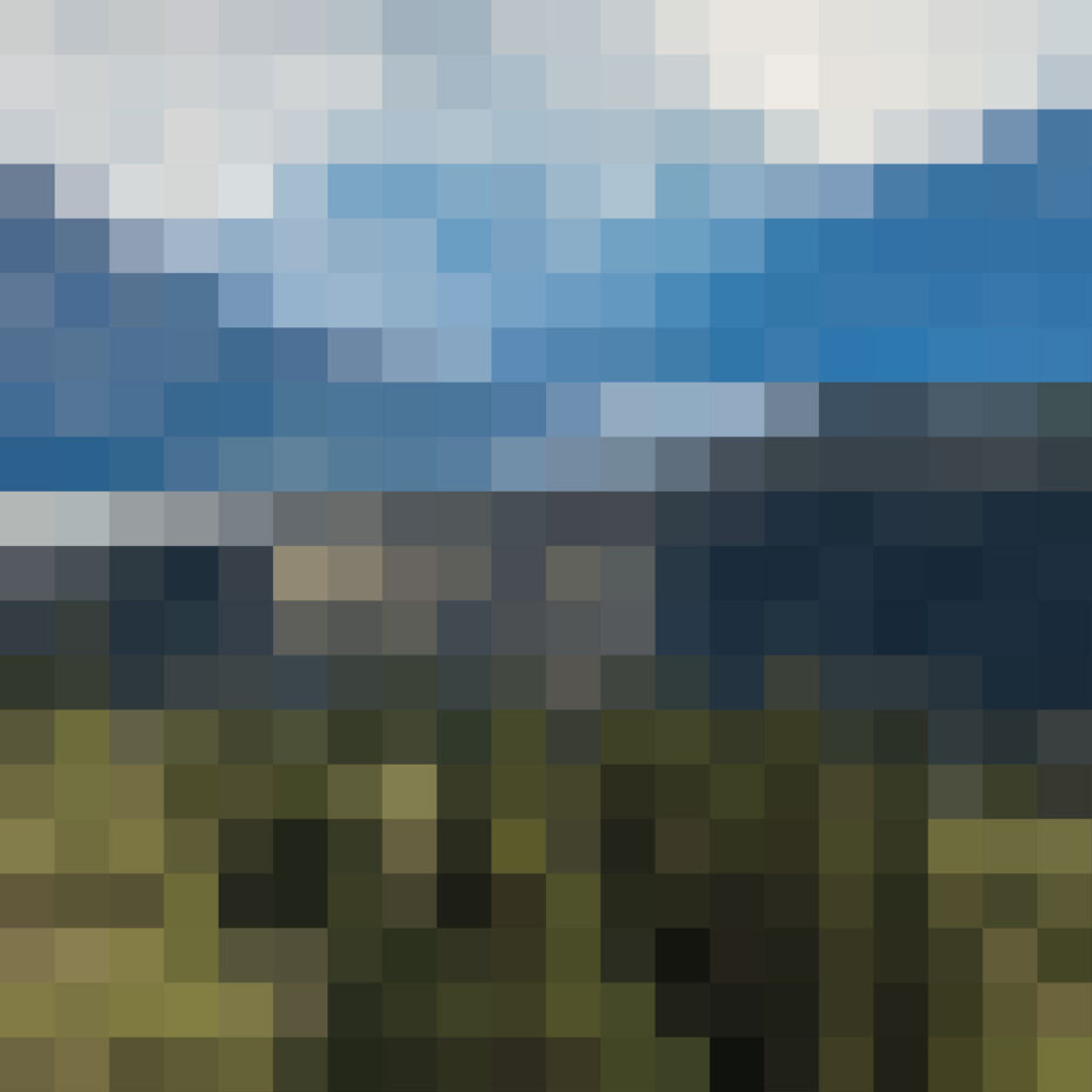 pixelated blue, gray, and green landscape