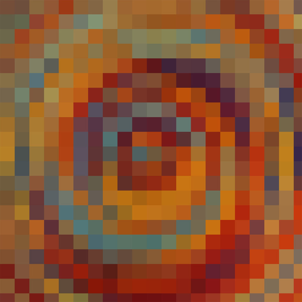 Pixelated image of colorful concentric circles.